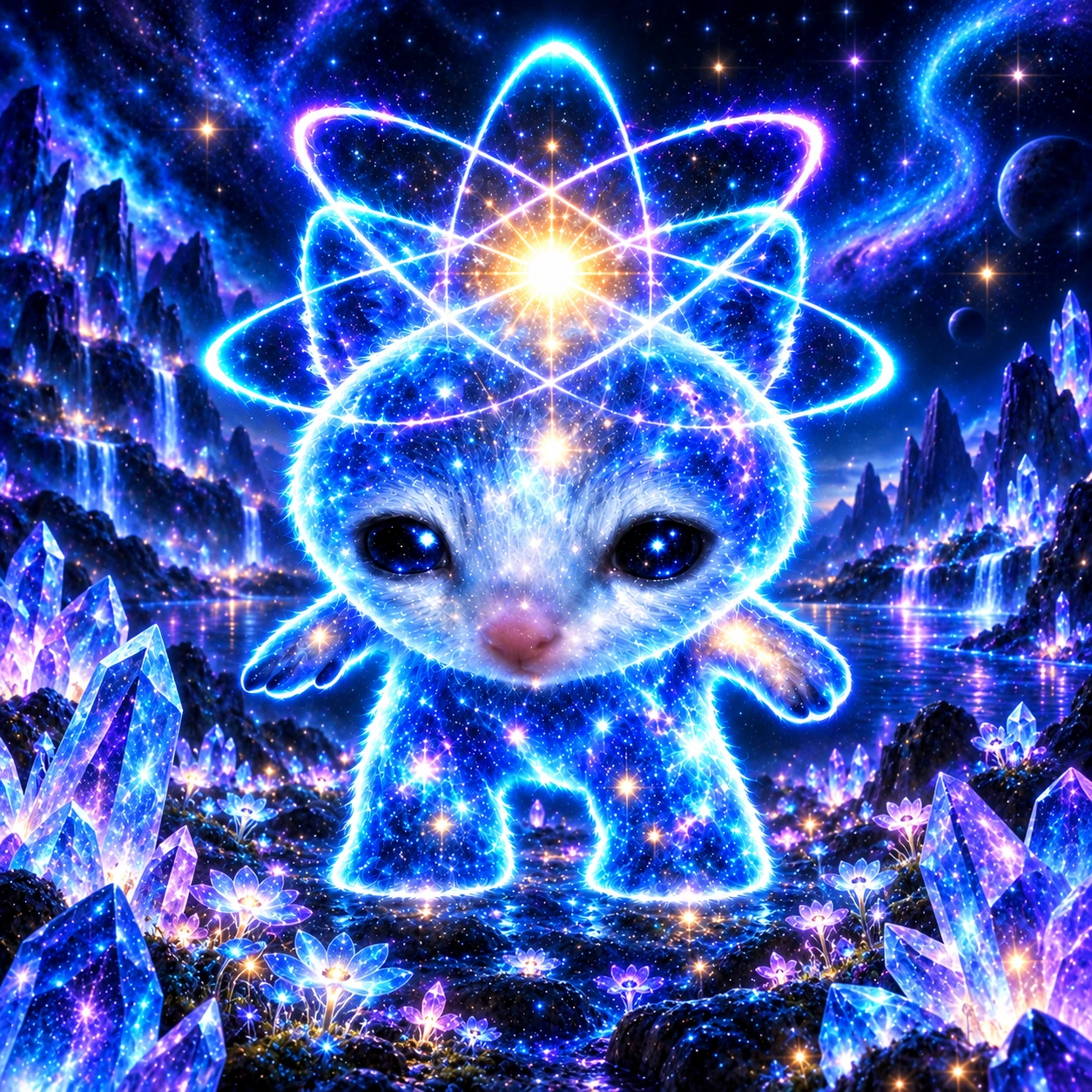 Mini Quantum standing among glowing blue and violet crystals and luminous flowers beside a lake