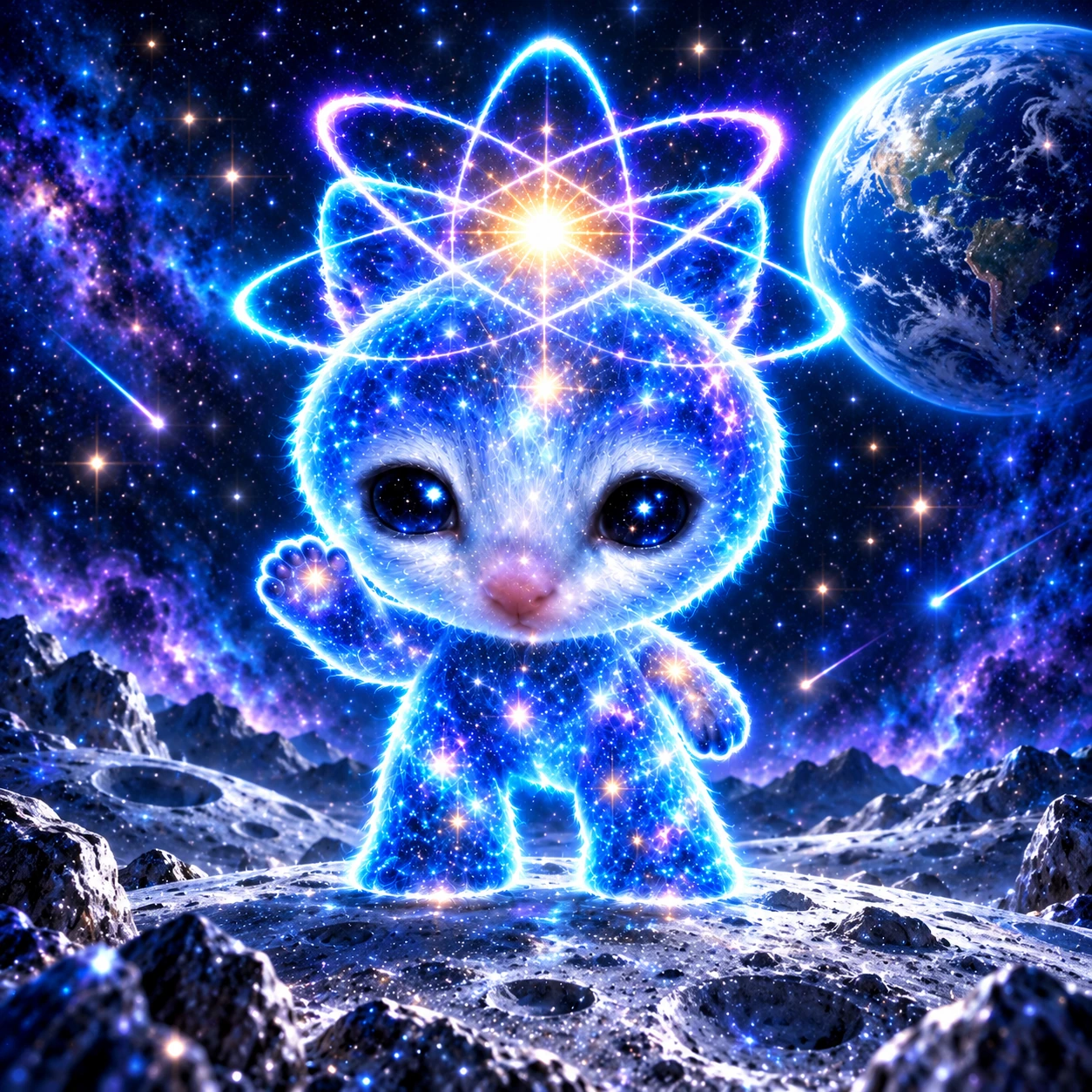 Mini Quantum waving on the Moon, with Earth glowing in the star-filled sky
