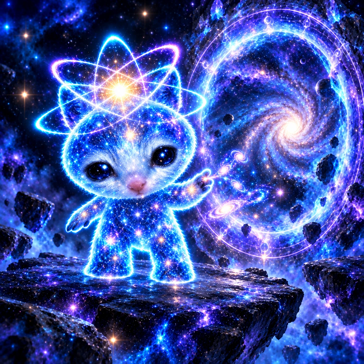 Mini Quantum reaching toward a glowing violet portal filled with a spiral galaxy