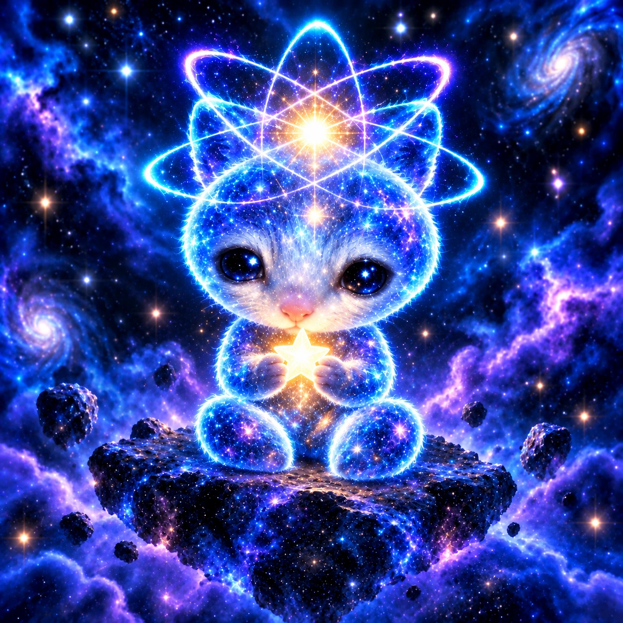 Mini Quantum sitting on a floating rock and gently holding a little golden star